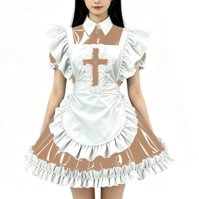 Sissy Adult PVC Shiny Ruffles Apron Nun Maid Dress Glossy Puff Short Sleeve French Maid Costume Cosplay Uniform Custom Size