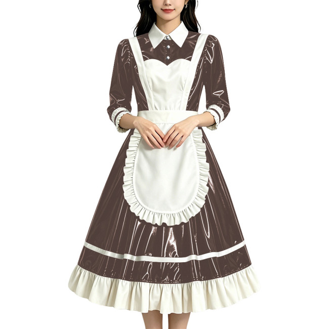 Halloween Women Glossy Maid Uniforms Three-quarter Sleeves French Apron Lolita Long Dresses Unisex Party Cosplay Anime Costumes