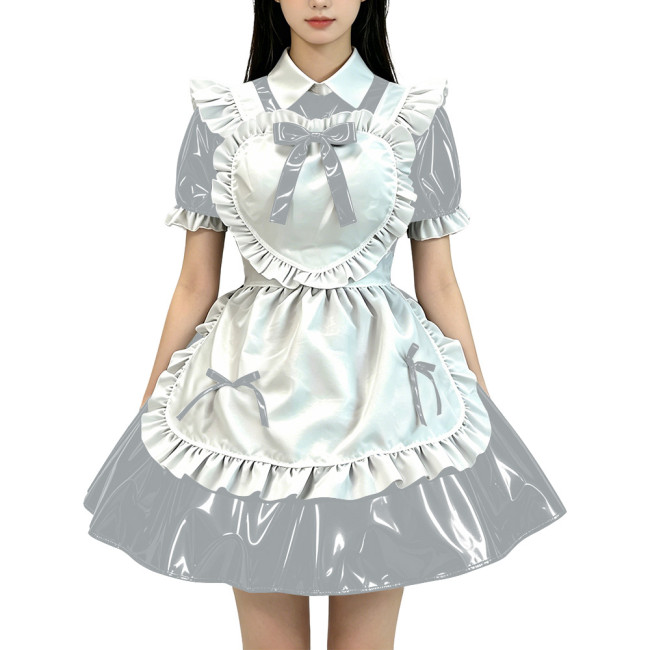 Lolita Wet Look Sweet Maid Cosplay Dress Halloween Party French Maid Servant Uniforms PVC Shiny Puff Short Sleeve Maid Outfits