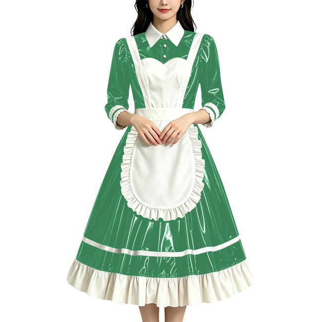 Halloween Women Glossy Maid Uniforms Three-quarter Sleeves French Apron Lolita Long Dresses Unisex Party Cosplay Anime Costumes
