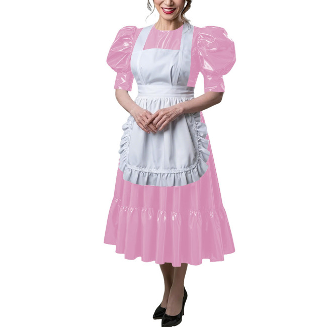 Sexy PVC Wetlook Maid Cosplay Dress with Apron Halloween Masquerade French Maid Uniforms Puff Sleeve Long Pleated Maid Dresses