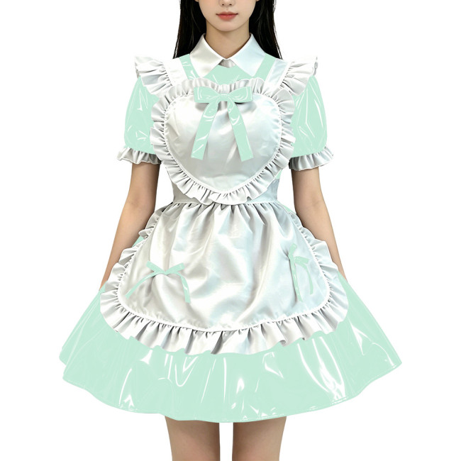 Lolita Wet Look Sweet Maid Cosplay Dress Halloween Party French Maid Servant Uniforms PVC Shiny Puff Short Sleeve Maid Outfits