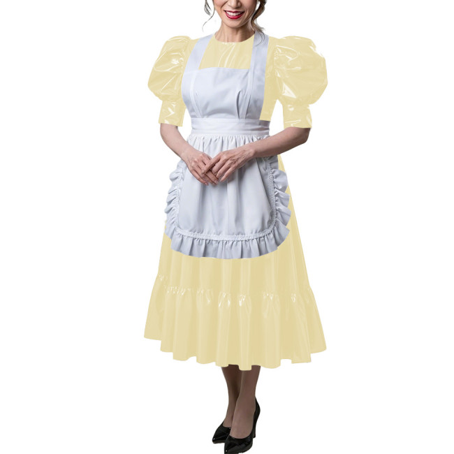 Sexy PVC Wetlook Maid Cosplay Dress with Apron Halloween Masquerade French Maid Uniforms Puff Sleeve Long Pleated Maid Dresses