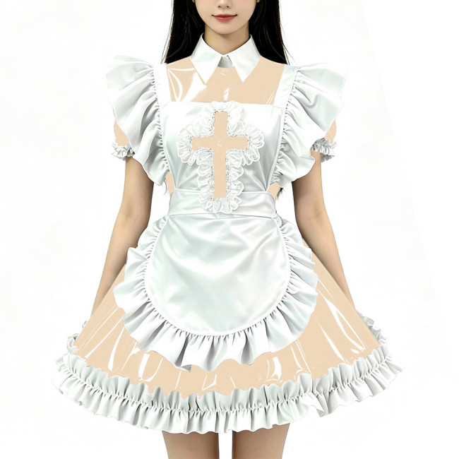 Sissy Adult PVC Shiny Ruffles Apron Nun Maid Dress Glossy Puff Short Sleeve French Maid Costume Cosplay Uniform Custom Size