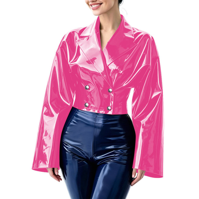 Fashion Double Breasted Wet Look Loose Cropped Blazer Womens PVC Vinyl Leather Short Jackets with Lapel Collar Flare Bell Sleeve