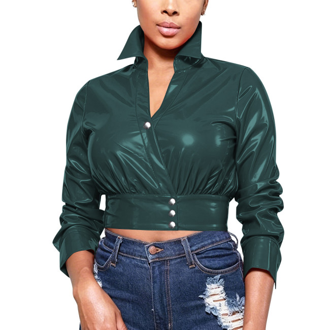 Women Glossy PVC Patent Leather Cropped Wrap Blouse Lapel V Neck Long Sleeve Button Wet Look Crop Top Nightclub Party Jackets