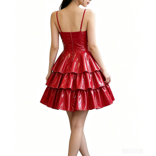 Glossy High Street Spaghetti Strap PVC Leather Mini Dress Women Clothing Sleeveless Ruffles A-line Dress Night Party Club Outfit