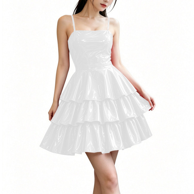 Glossy High Street Spaghetti Strap PVC Leather Mini Dress Women Clothing Sleeveless Ruffles A-line Dress Night Party Club Outfit