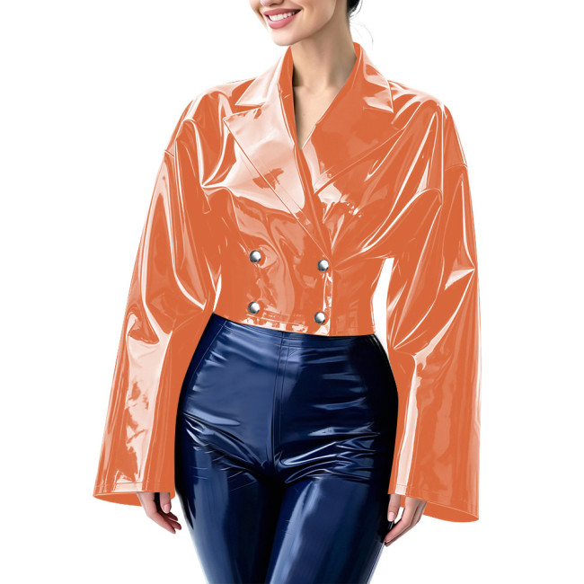 Fashion Double Breasted Wet Look Loose Cropped Blazer Womens PVC Vinyl Leather Short Jackets with Lapel Collar Flare Bell Sleeve