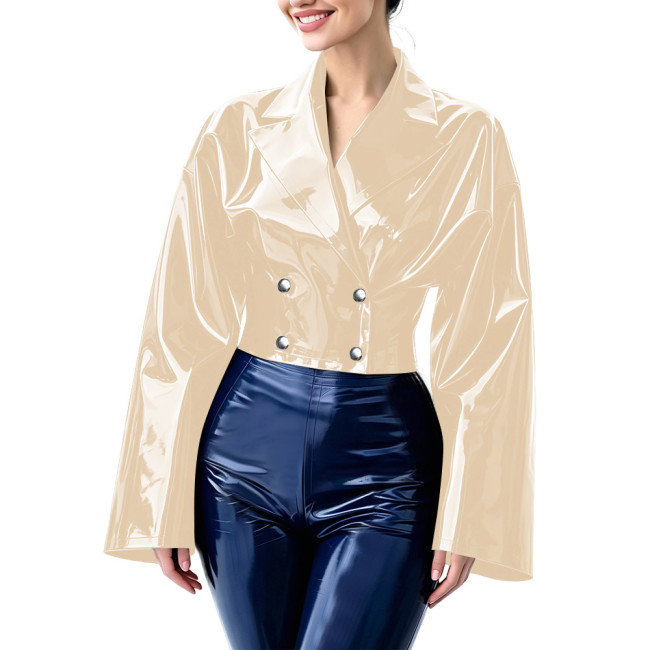 Fashion Double Breasted Wet Look Loose Cropped Blazer Womens PVC Vinyl Leather Short Jackets with Lapel Collar Flare Bell Sleeve