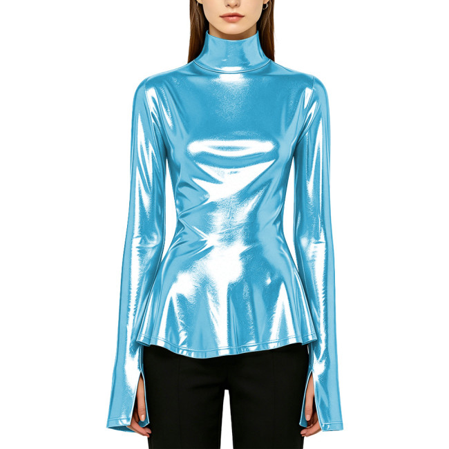 Plus Size Shine Liquid Metallic High Neck Top Women Flare Long Sleeve Peplum T-shirts Streetwear Halloween Party Cosplay Shirt