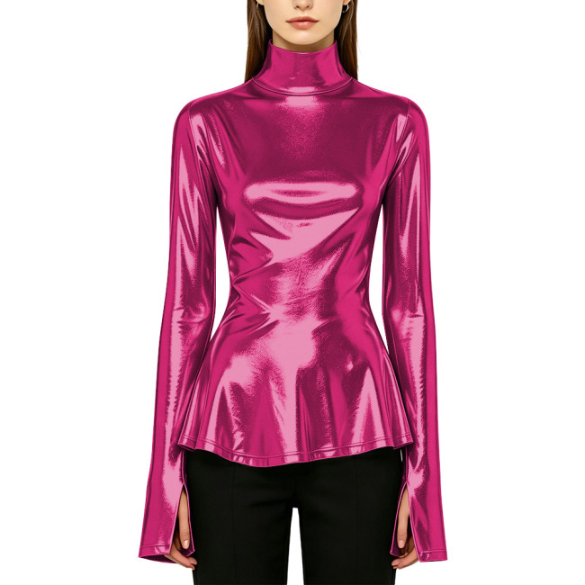 Plus Size Shine Liquid Metallic High Neck Top Women Flare Long Sleeve Peplum T-shirts Streetwear Halloween Party Cosplay Shirt
