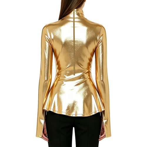 Plus Size Shine Liquid Metallic High Neck Top Women Flare Long Sleeve Peplum T-shirts Streetwear Halloween Party Cosplay Shirt