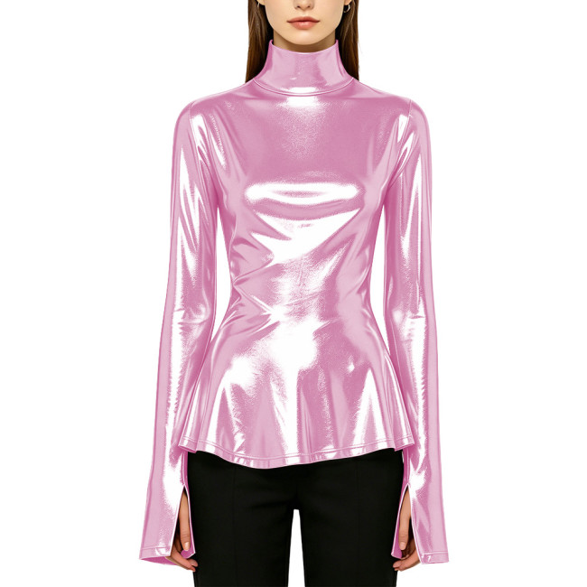 Plus Size Shine Liquid Metallic High Neck Top Women Flare Long Sleeve Peplum T-shirts Streetwear Halloween Party Cosplay Shirt
