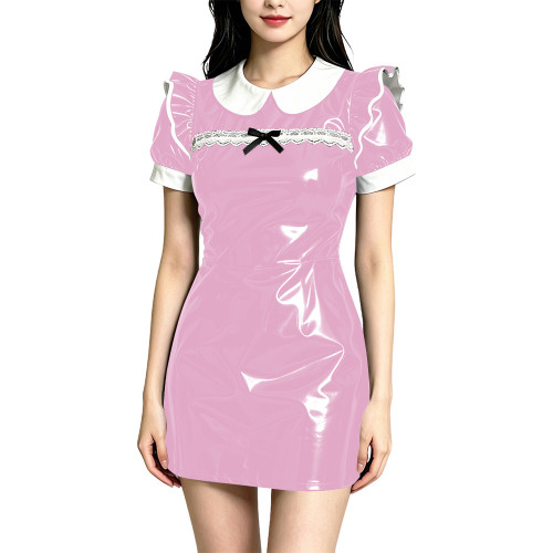 Plus Size Sweet Lolita Style Wet Look PVC Dress White Peter Pan Collar Ruffles Short Sleeve Slim Mini Dress Women Party Costume