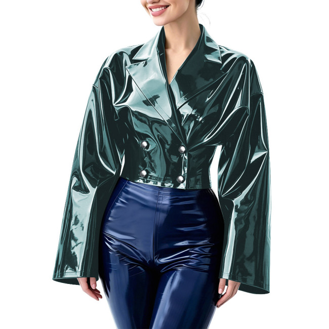 Fashion Double Breasted Wet Look Loose Cropped Blazer Womens PVC Vinyl Leather Short Jackets with Lapel Collar Flare Bell Sleeve
