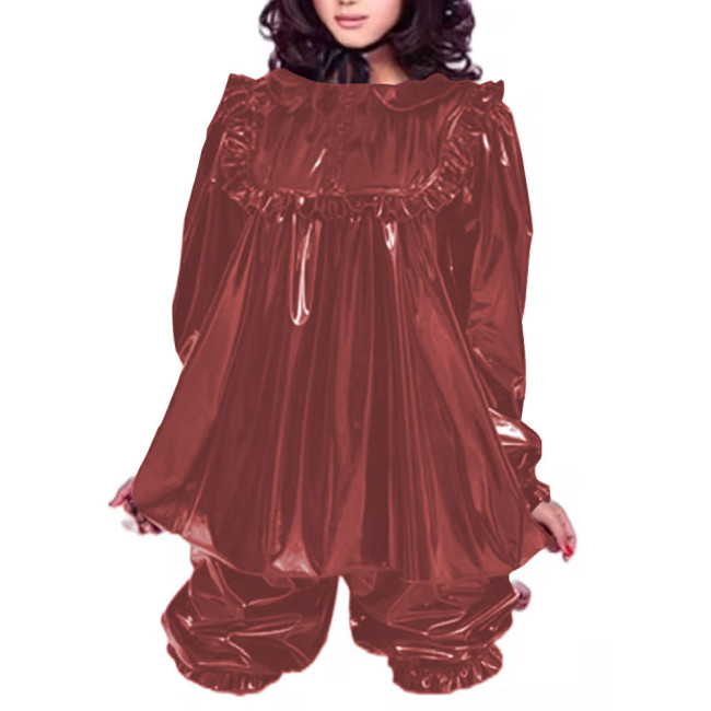 Plus Size Adult Baby Outfit Wet Look PVC Leather Loose Pajamas Long Sleeve Puff Sleeve Top with Bloomers Men's Sissy Exotic Sets