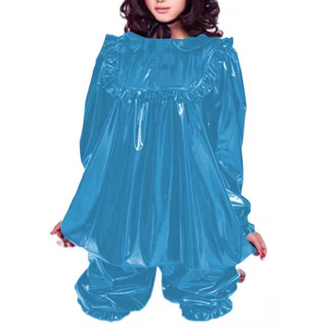 Plus Size Adult Baby Outfit Wet Look PVC Leather Loose Pajamas Long Sleeve Puff Sleeve Top with Bloomers Men's Sissy Exotic Sets