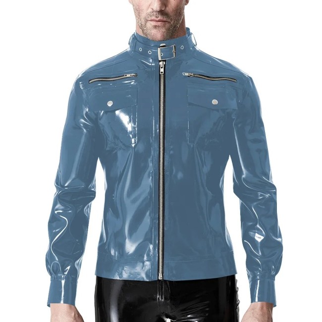 Punk Long Sleeve Jackets for Mens Zipper Stand Collar Fashion PVC Shiny Jackets Casual Solid Color PU Glossy Leather Coat Male