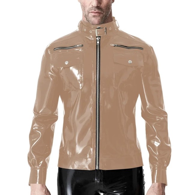 Punk Long Sleeve Jackets for Mens Zipper Stand Collar Fashion PVC Shiny Jackets Casual Solid Color PU Glossy Leather Coat Male