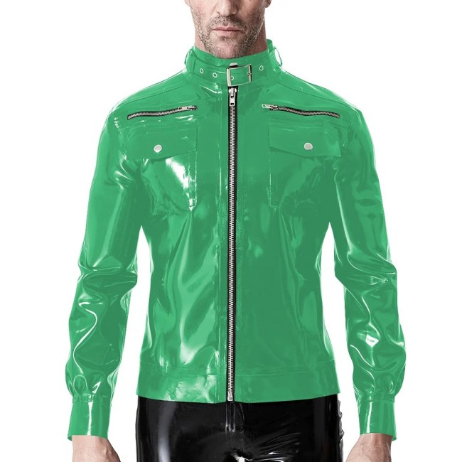 Punk Long Sleeve Jackets for Mens Zipper Stand Collar Fashion PVC Shiny Jackets Casual Solid Color PU Glossy Leather Coat Male