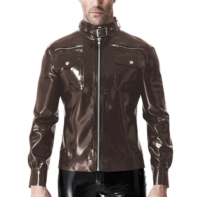 Punk Long Sleeve Jackets for Mens Zipper Stand Collar Fashion PVC Shiny Jackets Casual Solid Color PU Glossy Leather Coat Male