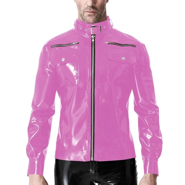 Punk Long Sleeve Jackets for Mens Zipper Stand Collar Fashion PVC Shiny Jackets Casual Solid Color PU Glossy Leather Coat Male