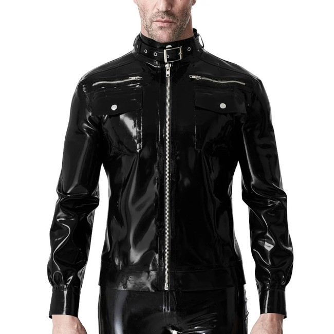 Punk Long Sleeve Jackets for Mens Zipper Stand Collar Fashion PVC Shiny Jackets Casual Solid Color PU Glossy Leather Coat Male