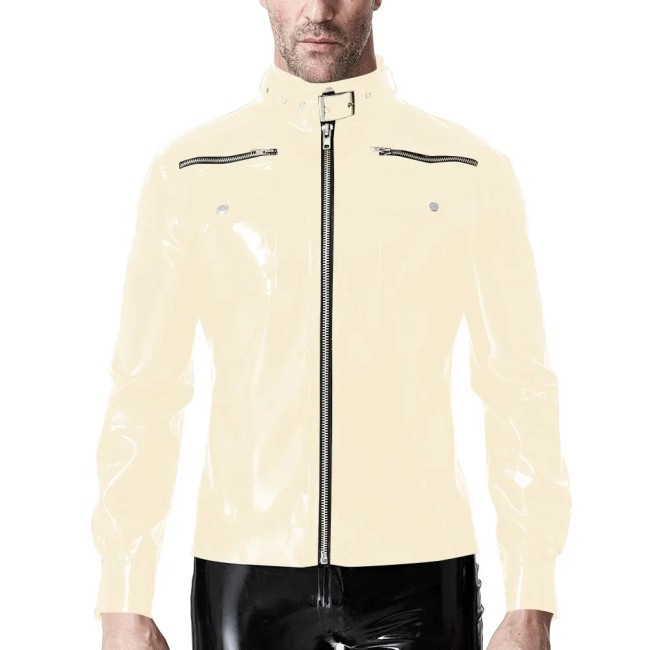 Punk Long Sleeve Jackets for Mens Zipper Stand Collar Fashion PVC Shiny Jackets Casual Solid Color PU Glossy Leather Coat Male