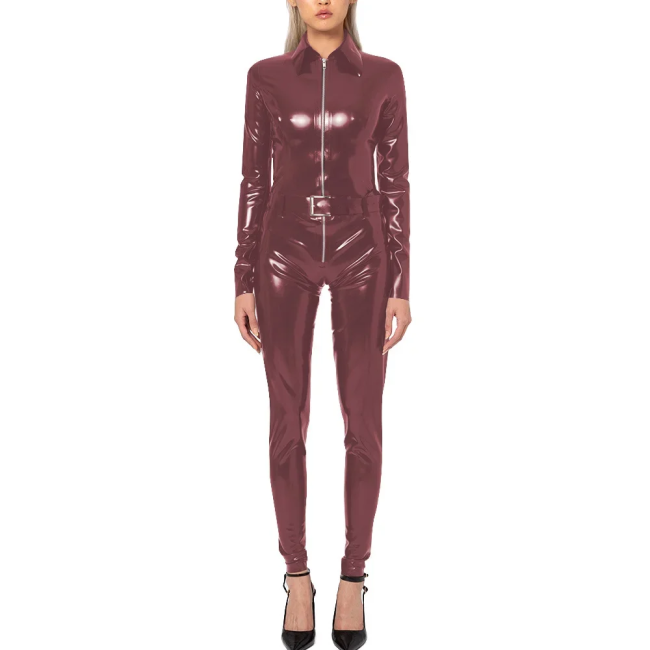 Wet Look PVC Long Sleeve Jumpsuit with Belt Shiny Faux Leather Turn-down Collar Cosplay Catsuit Punk Zipper Rompers Streetwear