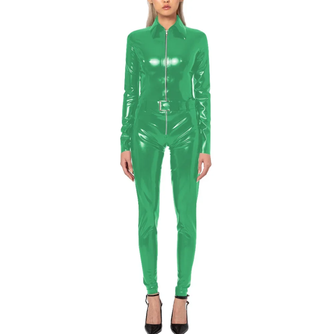 Wet Look PVC Long Sleeve Jumpsuit with Belt Shiny Faux Leather Turn-down Collar Cosplay Catsuit Punk Zipper Rompers Streetwear