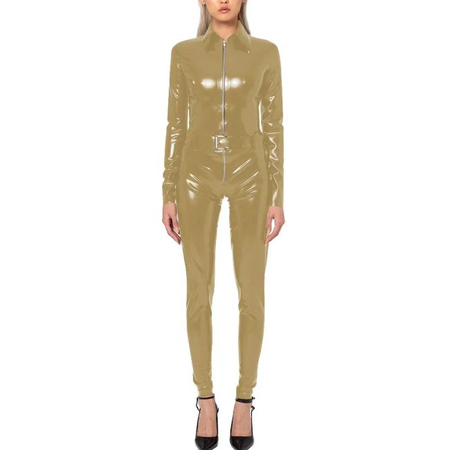 Wet Look PVC Long Sleeve Jumpsuit with Belt Shiny Faux Leather Turn-down Collar Cosplay Catsuit Punk Zipper Rompers Streetwear