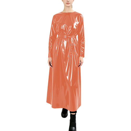 Women Glossy PVC Crew Neck Long Dress Fashion High Street Long Sleeve Self Tie Waist Loose Fit Dresses Club Rave Party Outfit