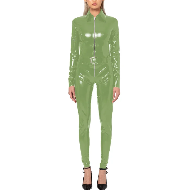 Wet Look PVC Long Sleeve Jumpsuit with Belt Shiny Faux Leather Turn-down Collar Cosplay Catsuit Punk Zipper Rompers Streetwear