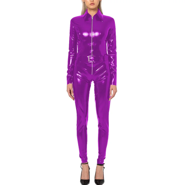 Wet Look PVC Long Sleeve Jumpsuit with Belt Shiny Faux Leather Turn-down Collar Cosplay Catsuit Punk Zipper Rompers Streetwear