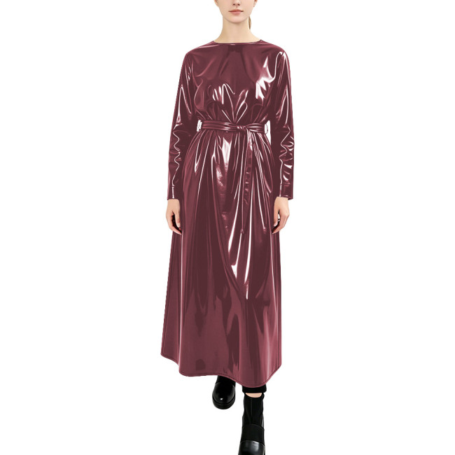 Women Glossy PVC Crew Neck Long Dress Fashion High Street Long Sleeve Self Tie Waist Loose Fit Dresses Club Rave Party Outfit