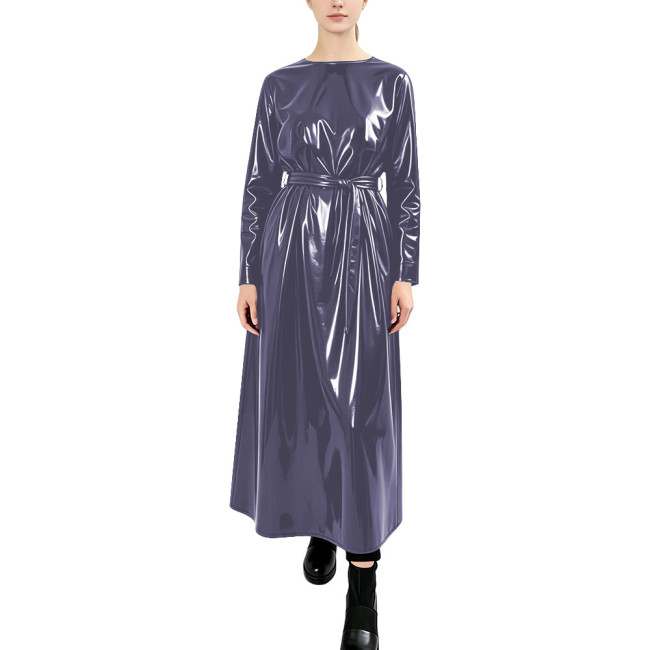 Women Glossy PVC Crew Neck Long Dress Fashion High Street Long Sleeve Self Tie Waist Loose Fit Dresses Club Rave Party Outfit