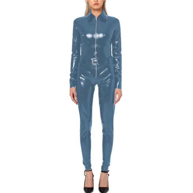 Wet Look PVC Long Sleeve Jumpsuit with Belt Shiny Faux Leather Turn-down Collar Cosplay Catsuit Punk Zipper Rompers Streetwear