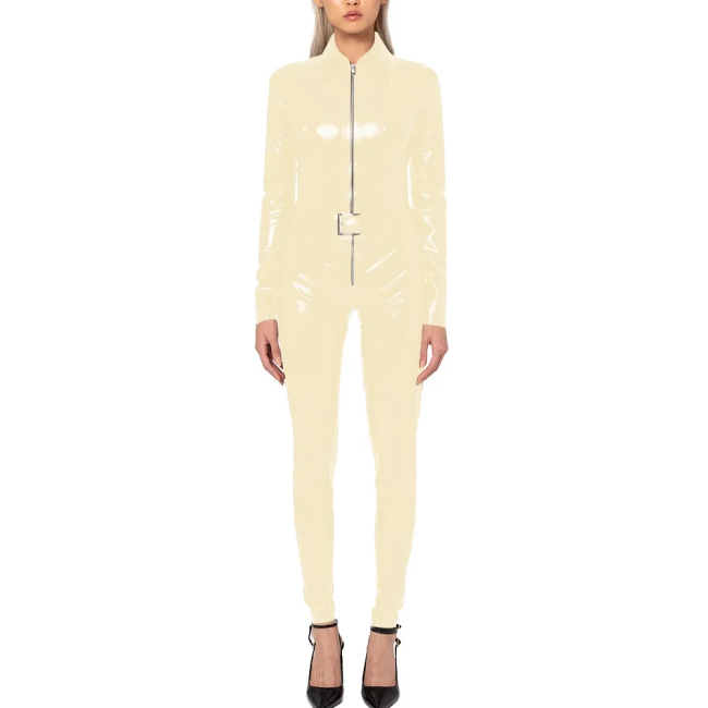 Wet Look PVC Long Sleeve Jumpsuit with Belt Shiny Faux Leather Turn-down Collar Cosplay Catsuit Punk Zipper Rompers Streetwear
