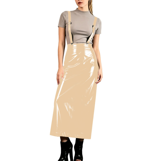 Women Shiny Faux Patent Leather Suspender Midi Skirt Glossy PVC High Waist Long Skirt with Adjustable Straps Streetwear Outfit