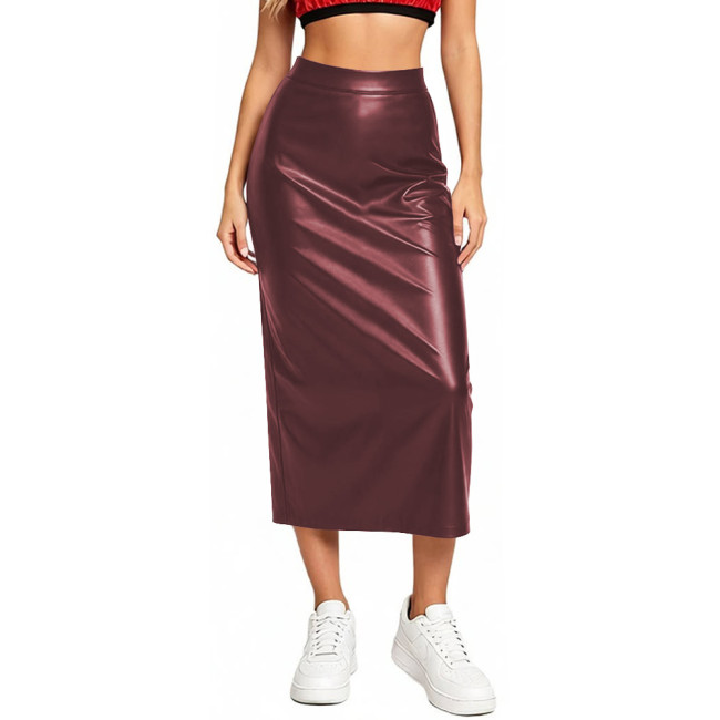 Women Elegant Matte Stretch Faux Leather Midi Skirts High Waist Work Office Bodycon Sheath Solid Pencil Skirt Ladies Streetwear