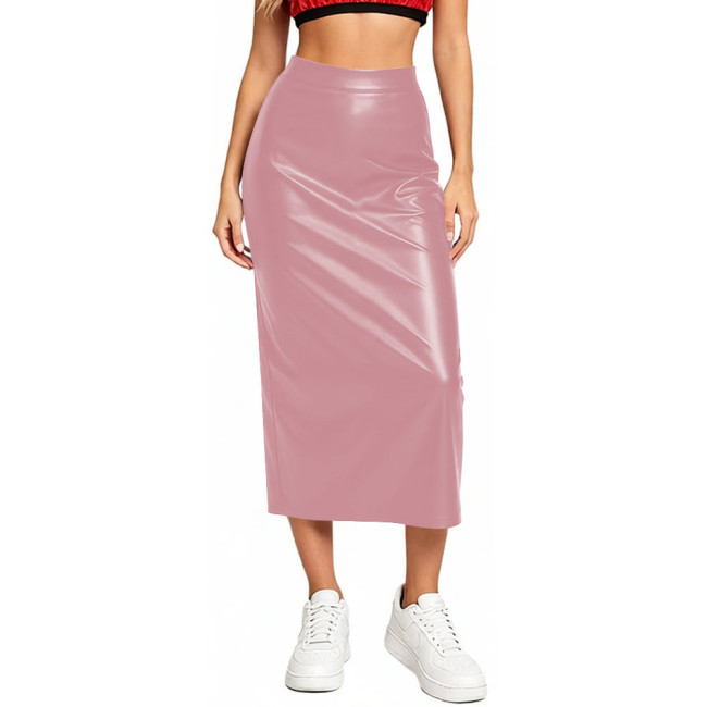 Women Elegant Matte Stretch Faux Leather Midi Skirts High Waist Work Office Bodycon Sheath Solid Pencil Skirt Ladies Streetwear