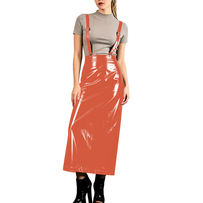 Women Shiny Faux Patent Leather Suspender Midi Skirt Glossy PVC High Waist Long Skirt with Adjustable Straps Streetwear Outfit