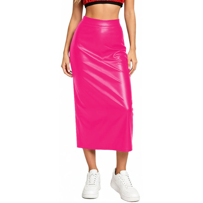Women Elegant Matte Stretch Faux Leather Midi Skirts High Waist Work Office Bodycon Sheath Solid Pencil Skirt Ladies Streetwear
