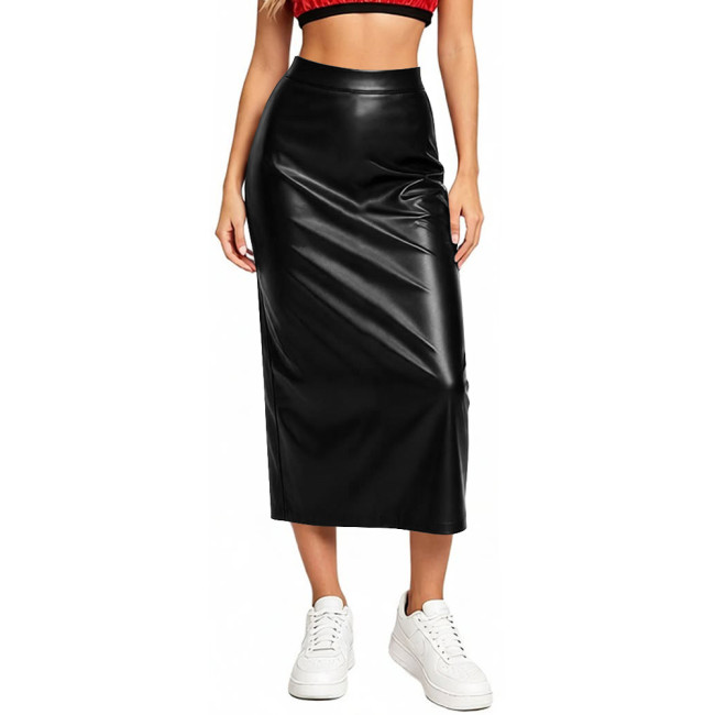 Women Elegant Matte Stretch Faux Leather Midi Skirts High Waist Work Office Bodycon Sheath Solid Pencil Skirt Ladies Streetwear