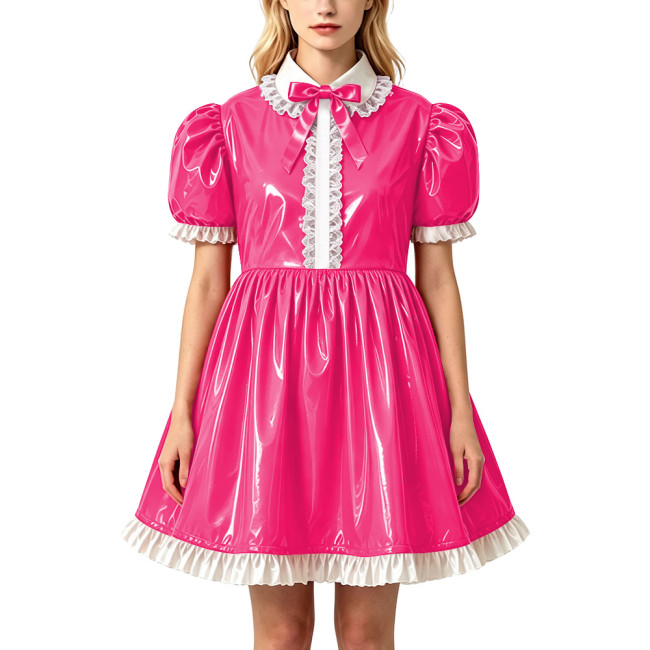 Sissy Shiny PVC Wet Look Kawaii Mini Dress Glossy Puff Sleeve Ruffled Hem A-Line Short Dress Rave Festival Themed Party Costume