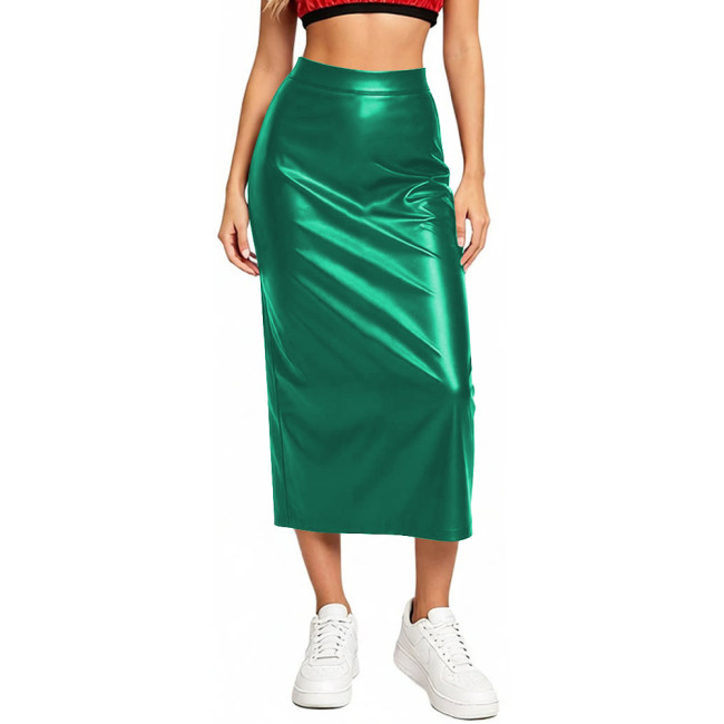 Women Elegant Matte Stretch Faux Leather Midi Skirts High Waist Work Office Bodycon Sheath Solid Pencil Skirt Ladies Streetwear