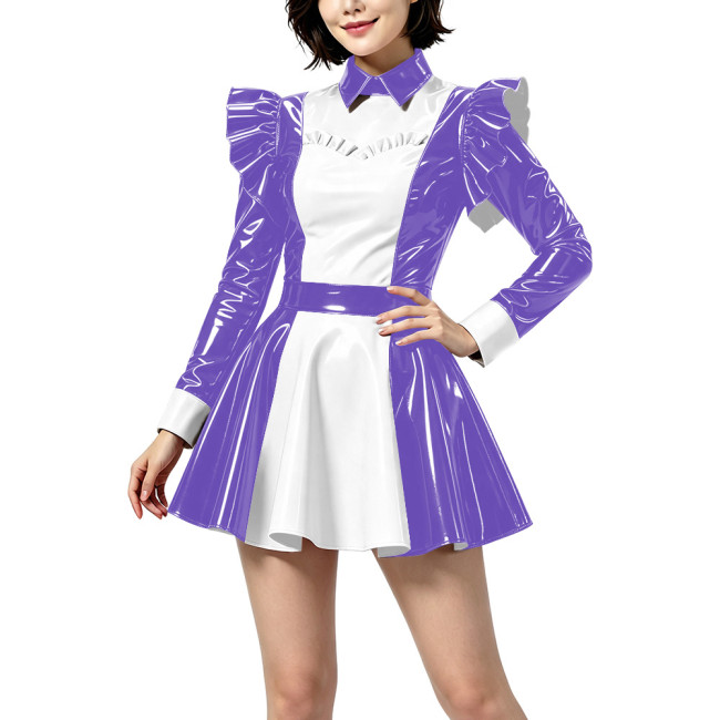 Women Classic Lolita A-line Mini Dress Wetlook Cosplay Costume PVC Shiny Ruffle Long Sleeve Patchwork Short Dresses Party Outfit