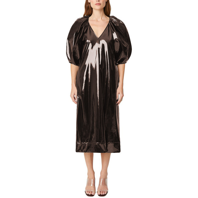 Evening Party Glossy PVC Elegant Midi Prom Dress Puff Short Sleeves V-Neck Solid Straight Dresses Event Formal Gown for Womens
