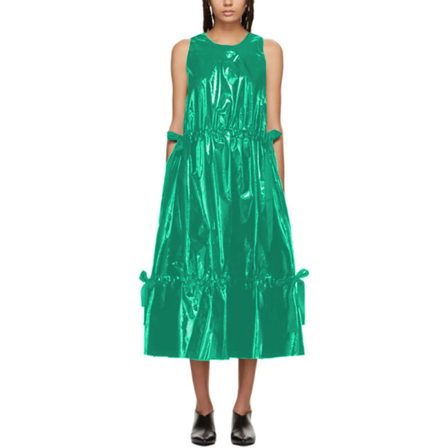 Women's fashion Casual A-line pleated Dress with Bow Faux Leather Stretch Slim Round Neck Thigh Length Candy Color Fashion